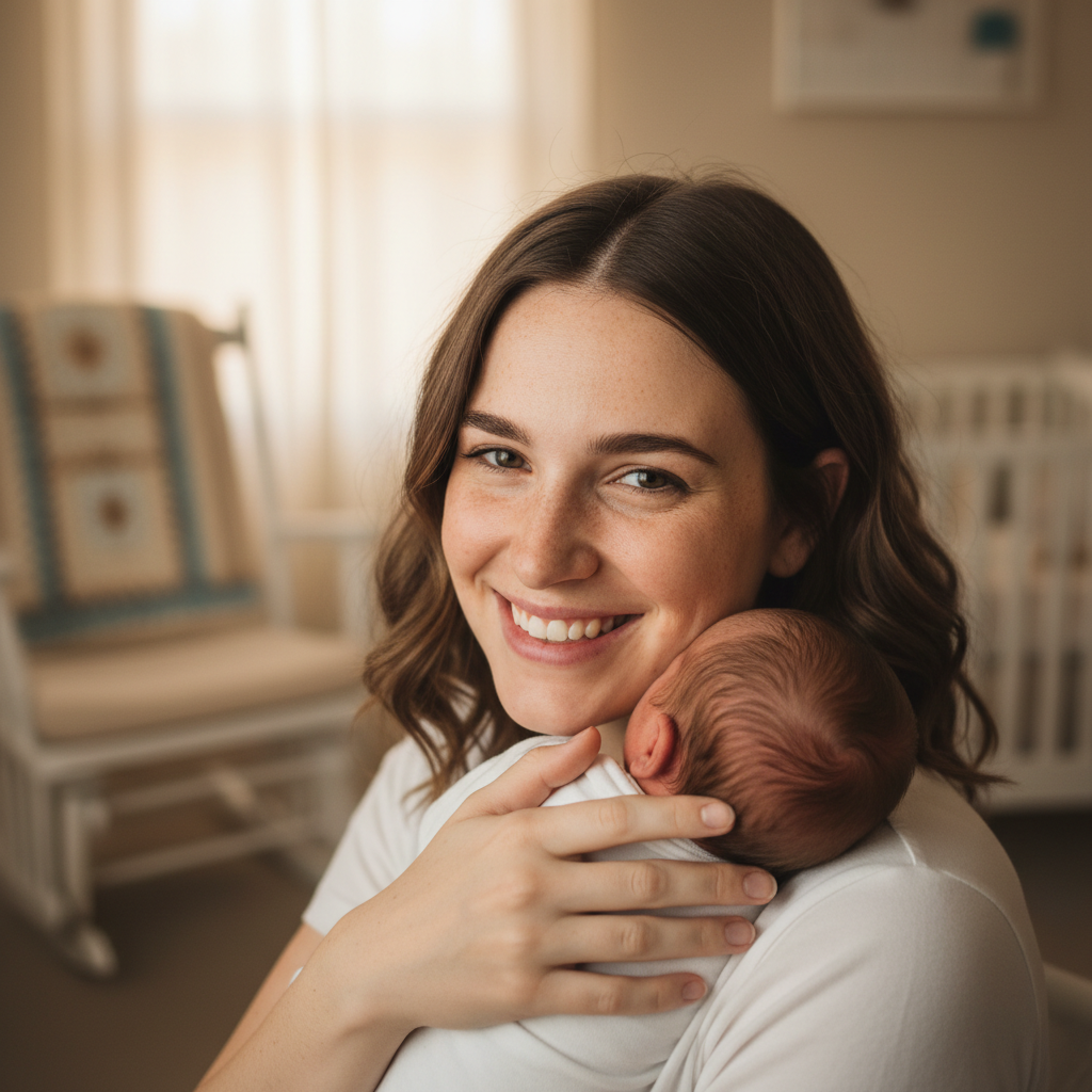 Meera Patel, 29, new mother in Austin, warm smile in soft home lighting
