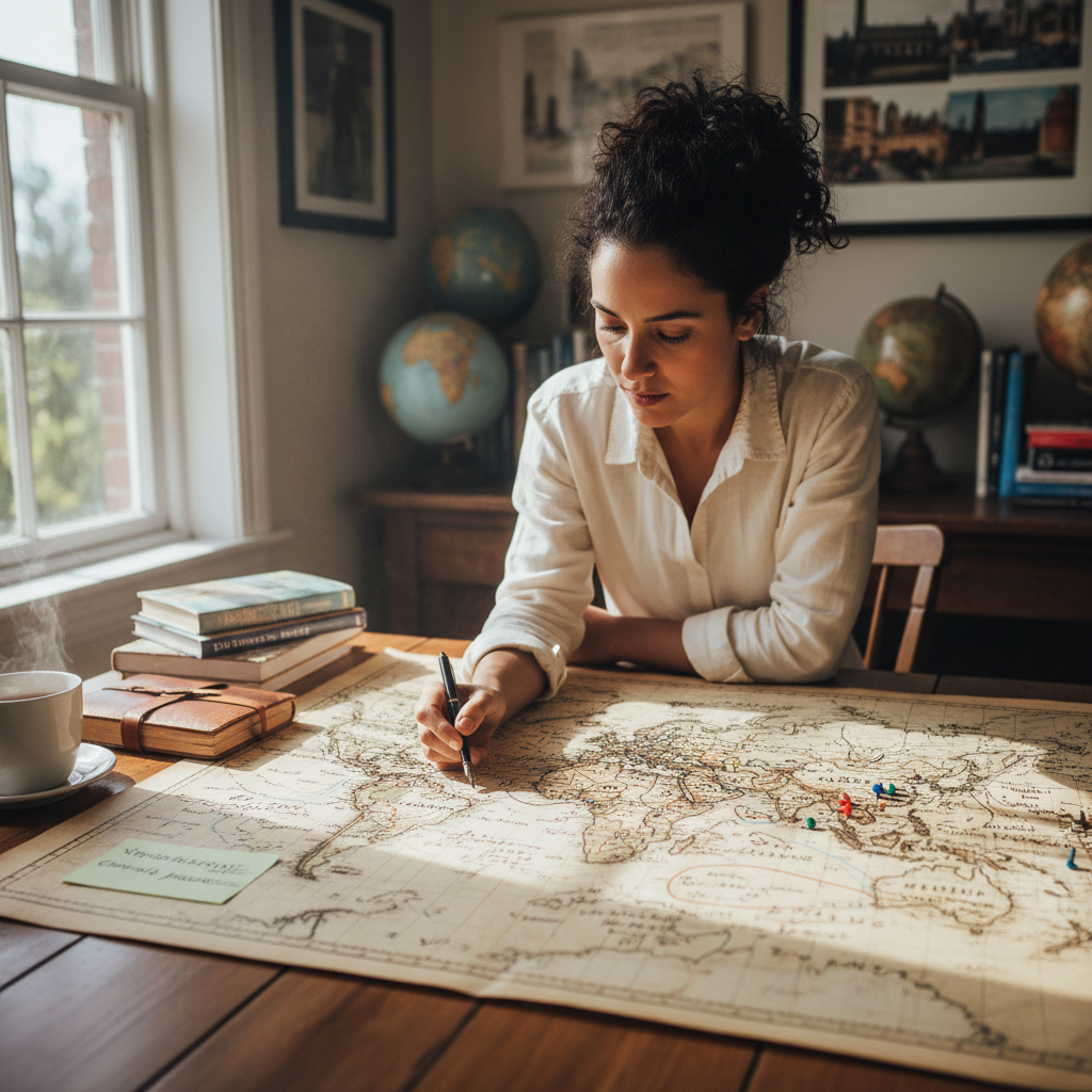 Travel specialist reviewing a detailed world map with handwritten notes, planning a bespoke luxury itinerary for a discerning client