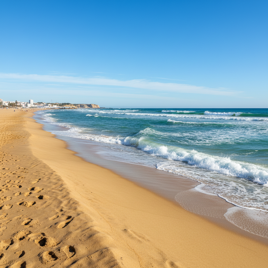 Meia Praia beach with golden sand and Atlantic waves