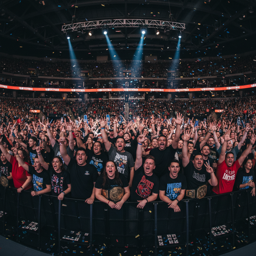 Wrestling crowd at a live event, fans on their feet cheering in a dimly lit arena