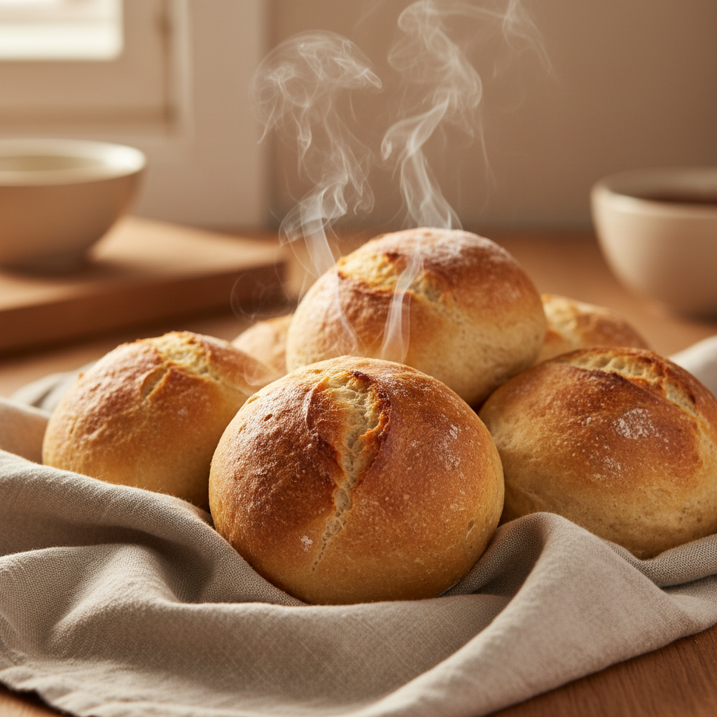 Fresh-baked golden rolls resting on a linen cloth, steam still rising, warm kitchen light