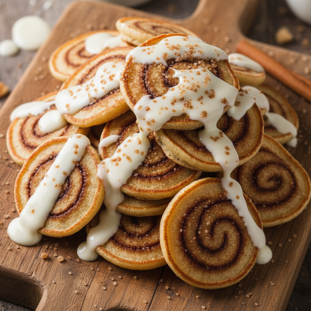 Warm cinnamon cupcakes with swirled cream cheese frosting on rustic wooden board