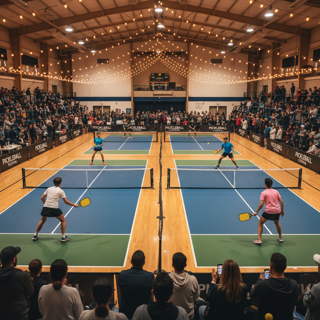 Pickleball players competing in a packed gymnasium, multiple courts visible, festival string lights overhead, crowd watching intense match