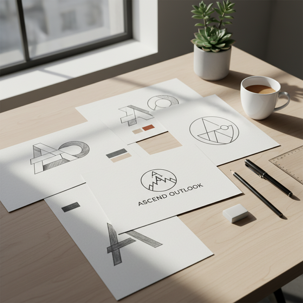 Designer sketching brand concepts on paper in bright studio, creative workspace, natural light