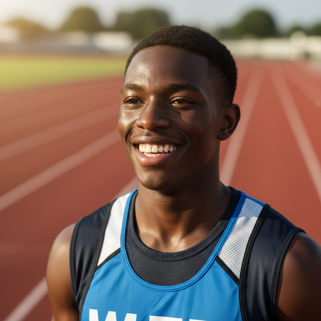 Marcus, a teenage Black male sprinter, smiling in track uniform