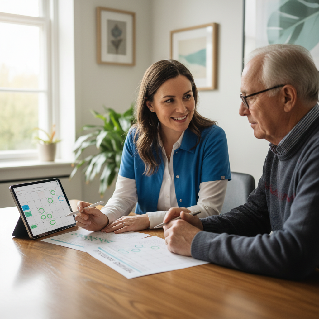 Healthcare coordinator planning treatment schedule with patient