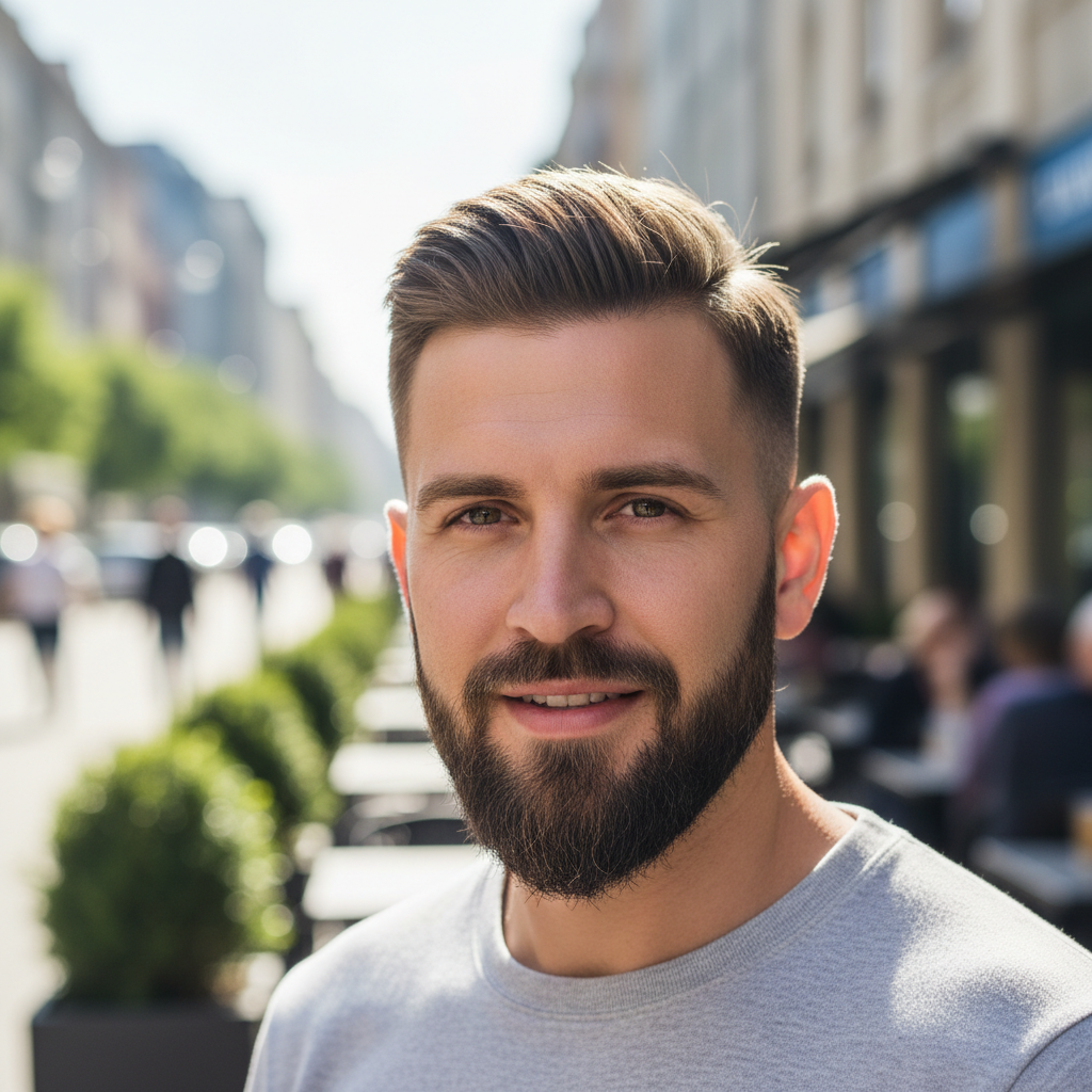 German man with glasses and beard smiling at camera