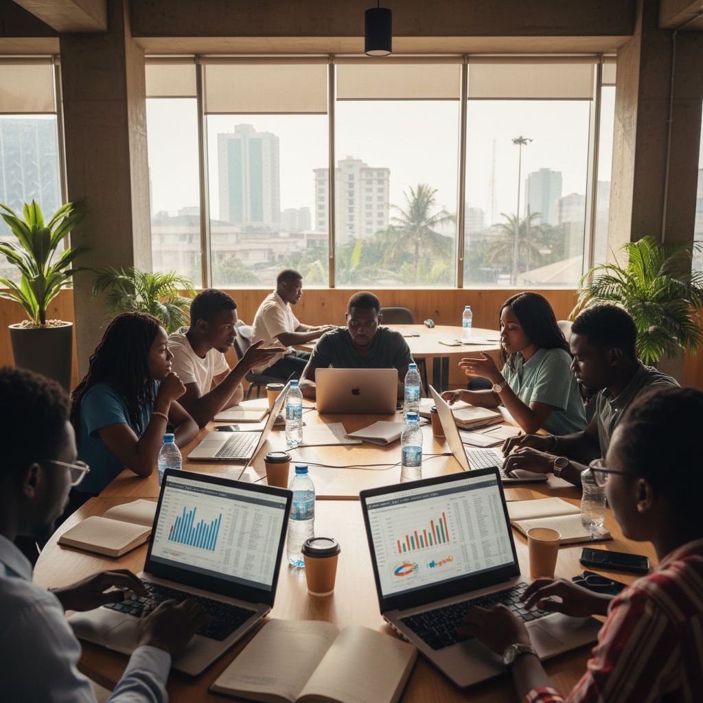 Nigerian business professionals reviewing strategy documents at a bright conference table, natural daylight, clean modern office