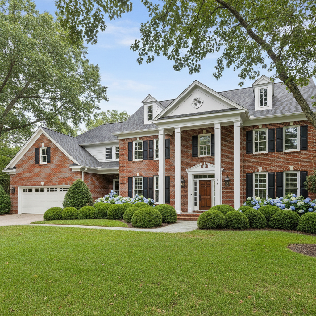 Colonial revival estate with white columns, manicured grounds, Connecticut