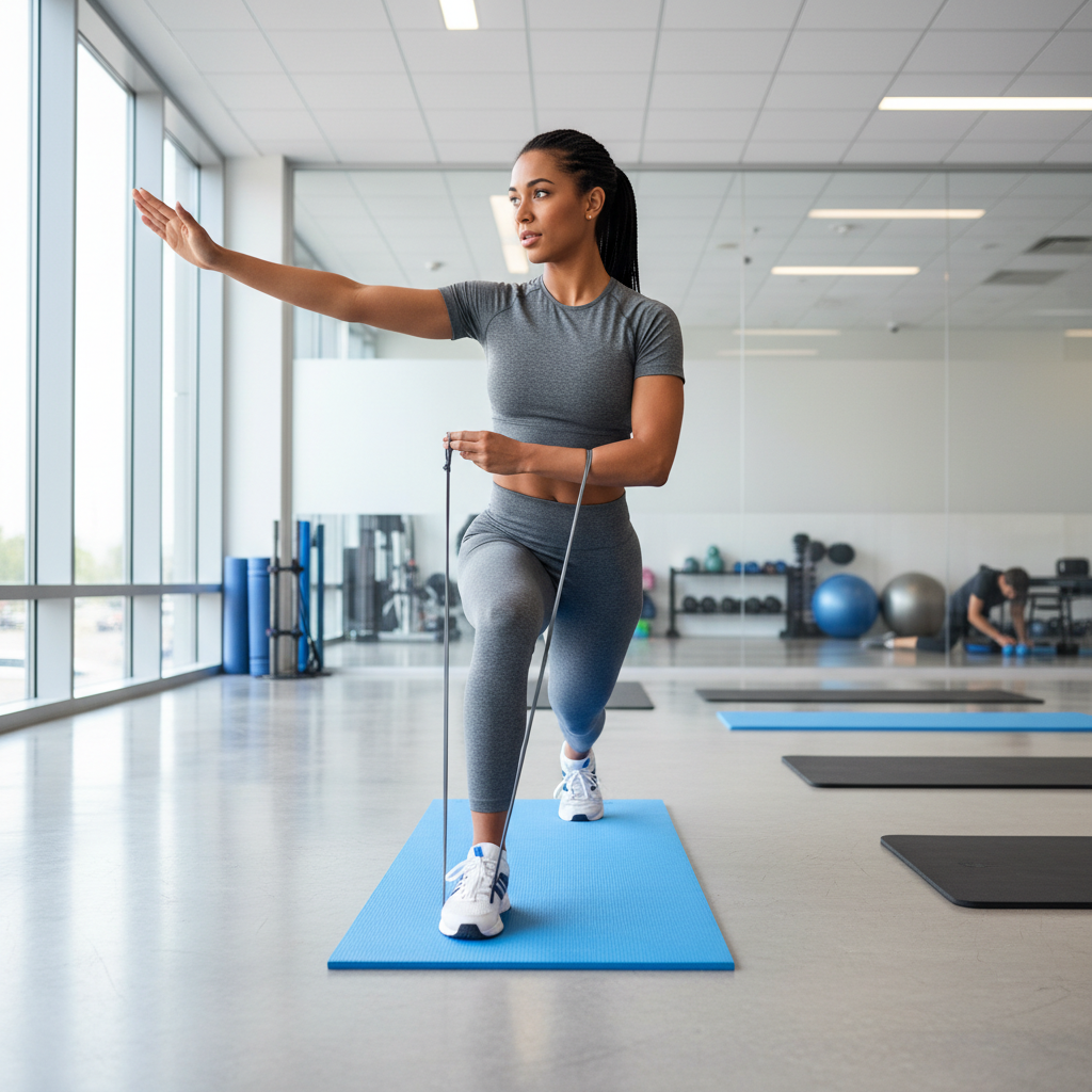 Athletic person doing resistance band exercises in bright airy gym