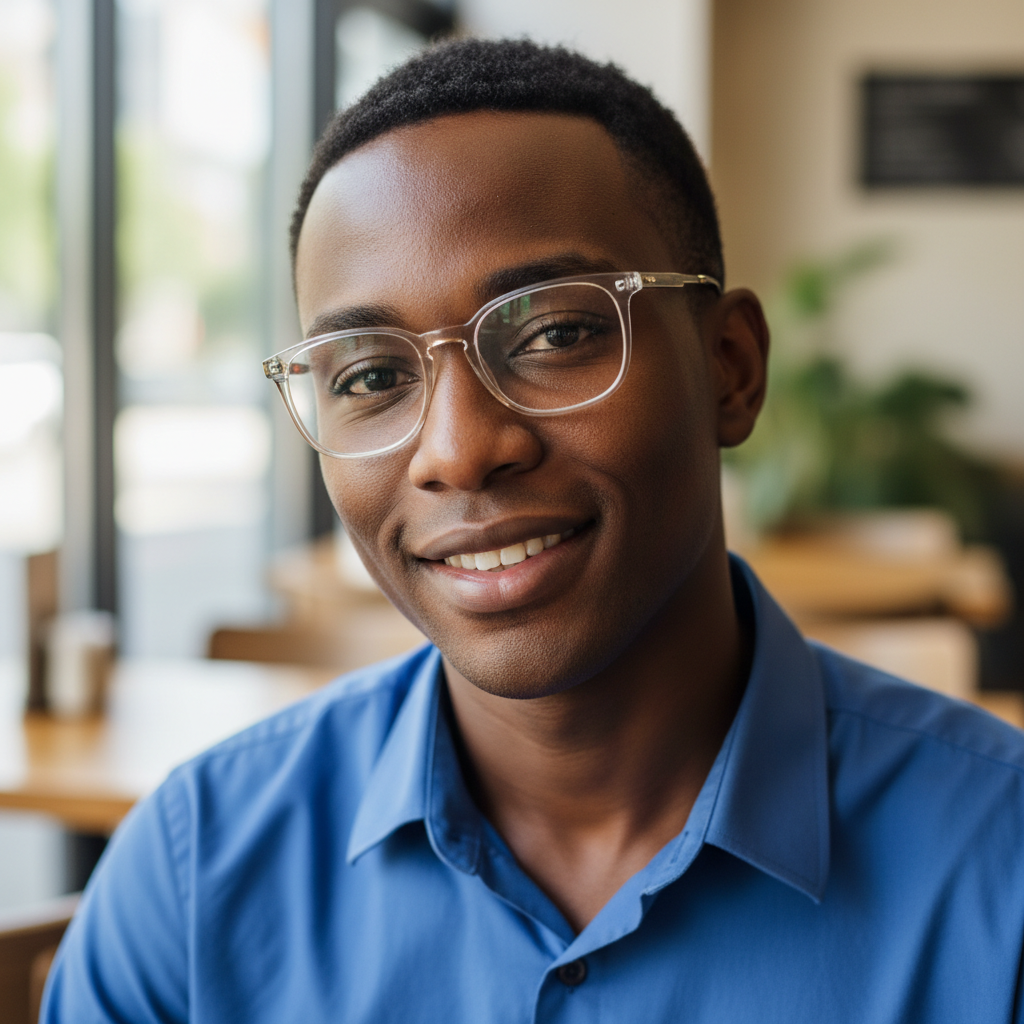 James Okonkwo, hombre joven de origen africano con camisa azul y expresión concentrada