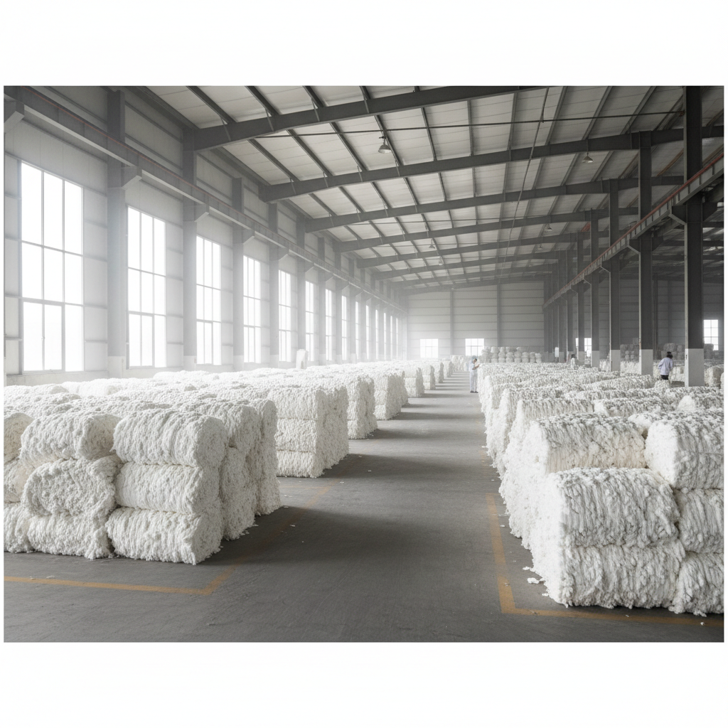 Stacked white and light blue cotton shirting fabric rolls with crisp texture in a bright well-lit textile warehouse in Bhiwandi