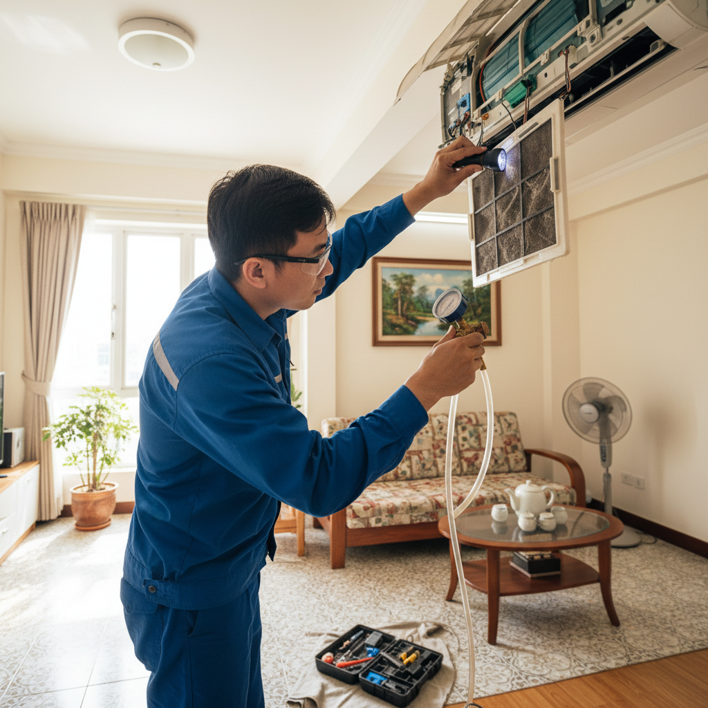 Gas technician in blue uniform inspecting a gas installation on a residential property exterior wall, bright outdoor lighting