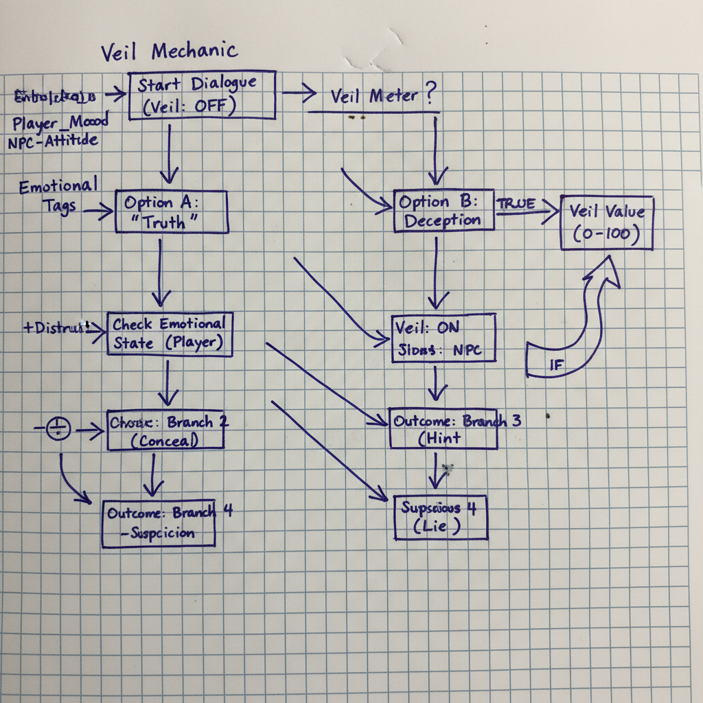 Ballpoint pen flowchart on graph paper showing dialogue tree branching logic and emotional state variables for the Veil mechanic