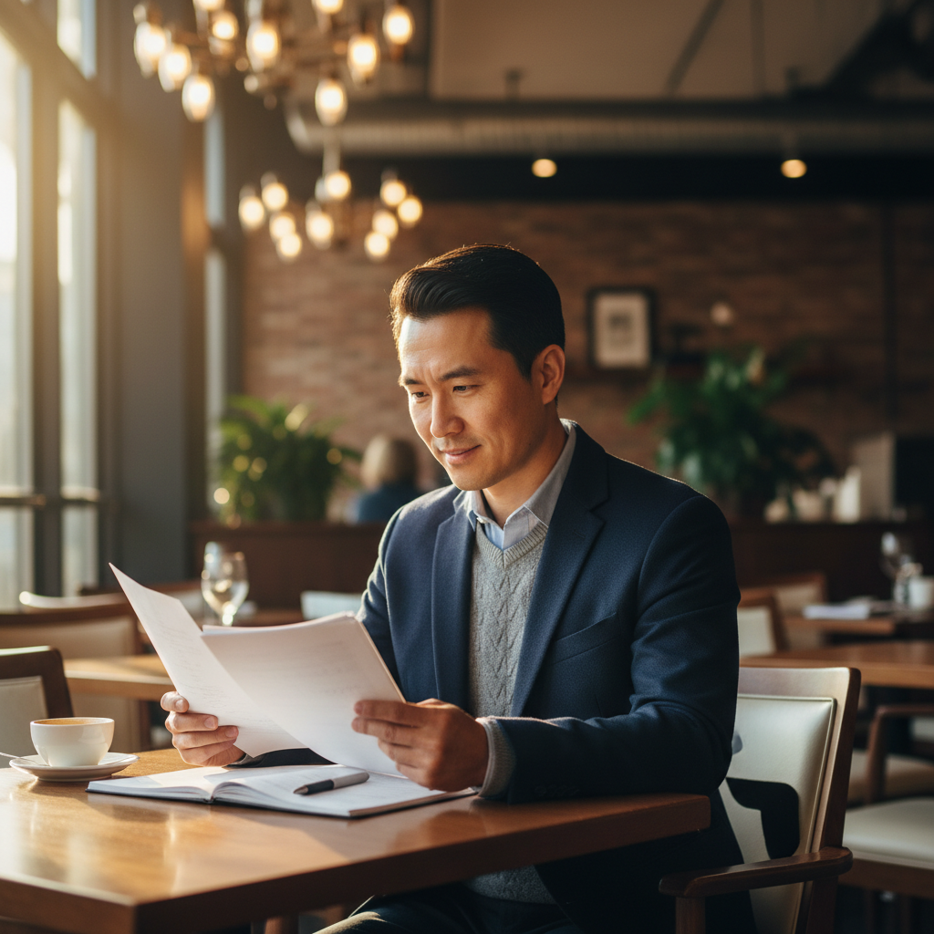 David Chen, Asian American man reviewing reports with confident expression at restaurant desk