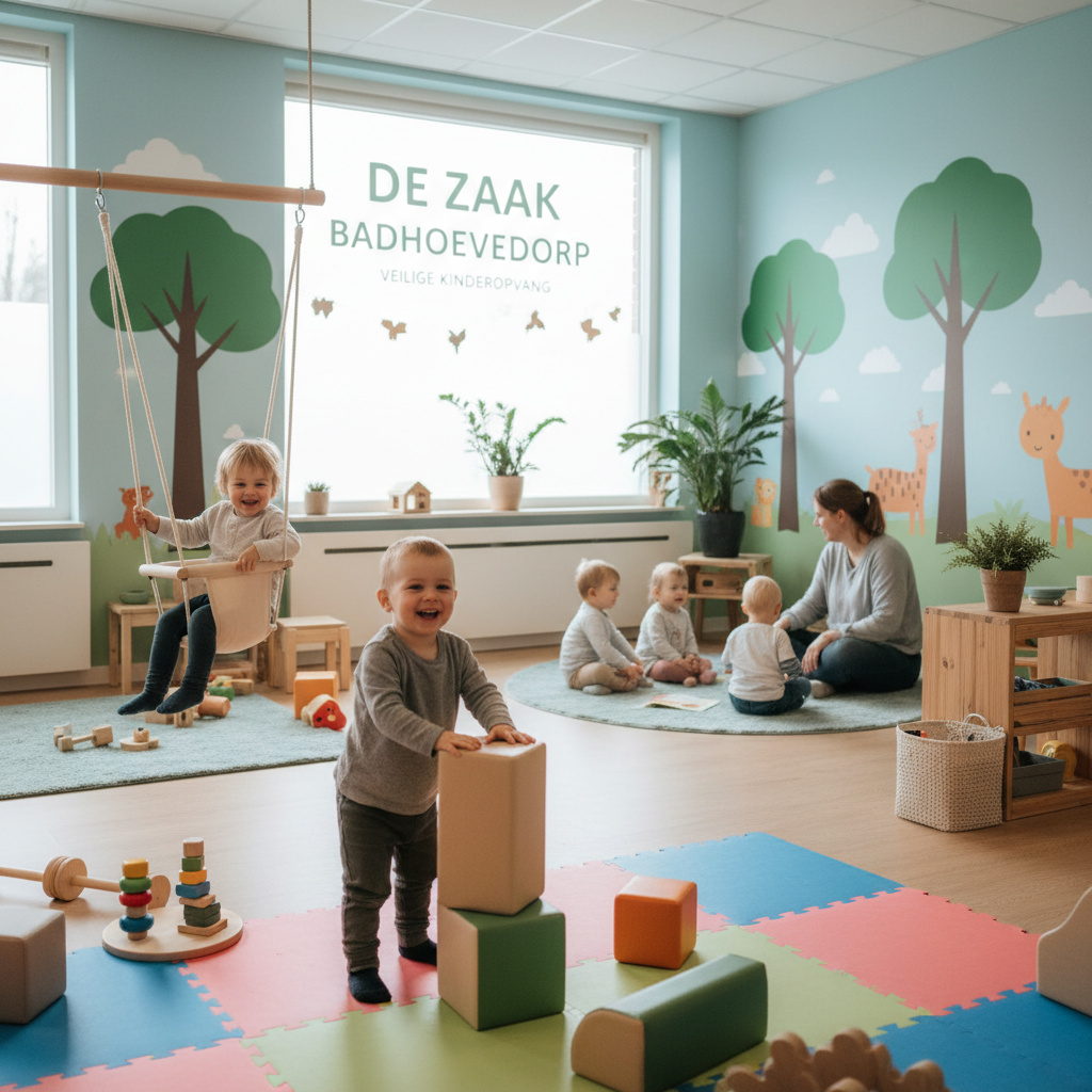 Happy child at bright colorful daycare with warm natural lighting and cheerful environment