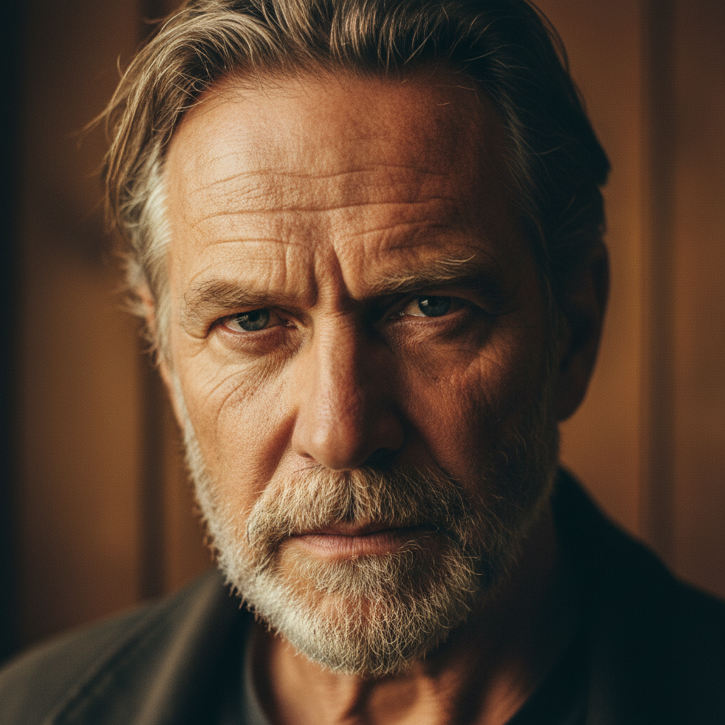 Male actor with weathered face staring directly into camera with soft tungsten lighting and visible grain