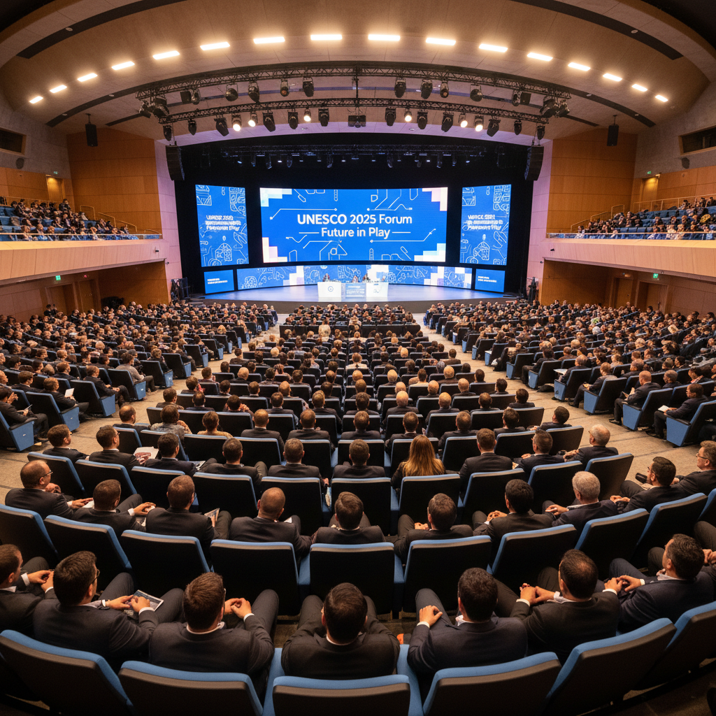 UNESCO 2025 Forum — Future in Play, delegados internacionales en auditorio con iluminación profesional