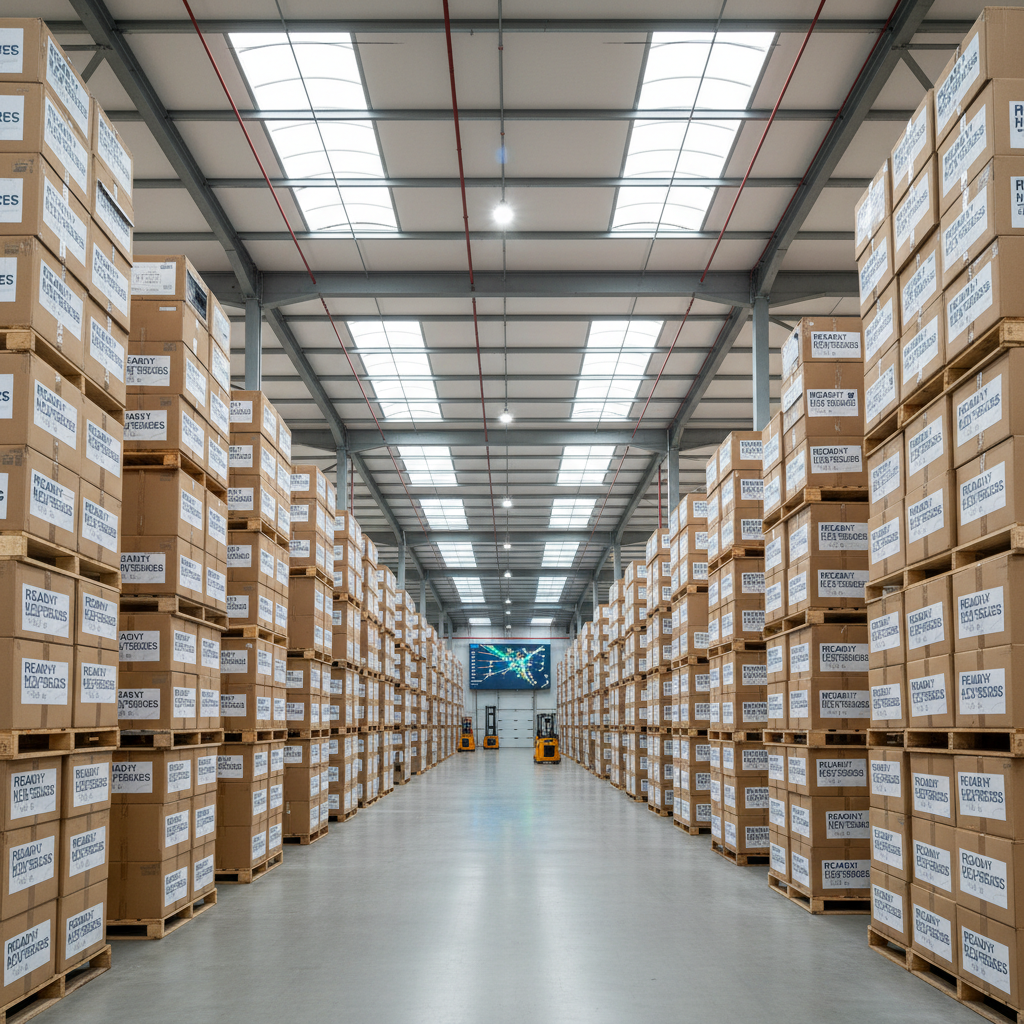 Large distribution center with tall orange pallet rack systems organized in rows, forklift operating in dark industrial warehouse with overhead lights