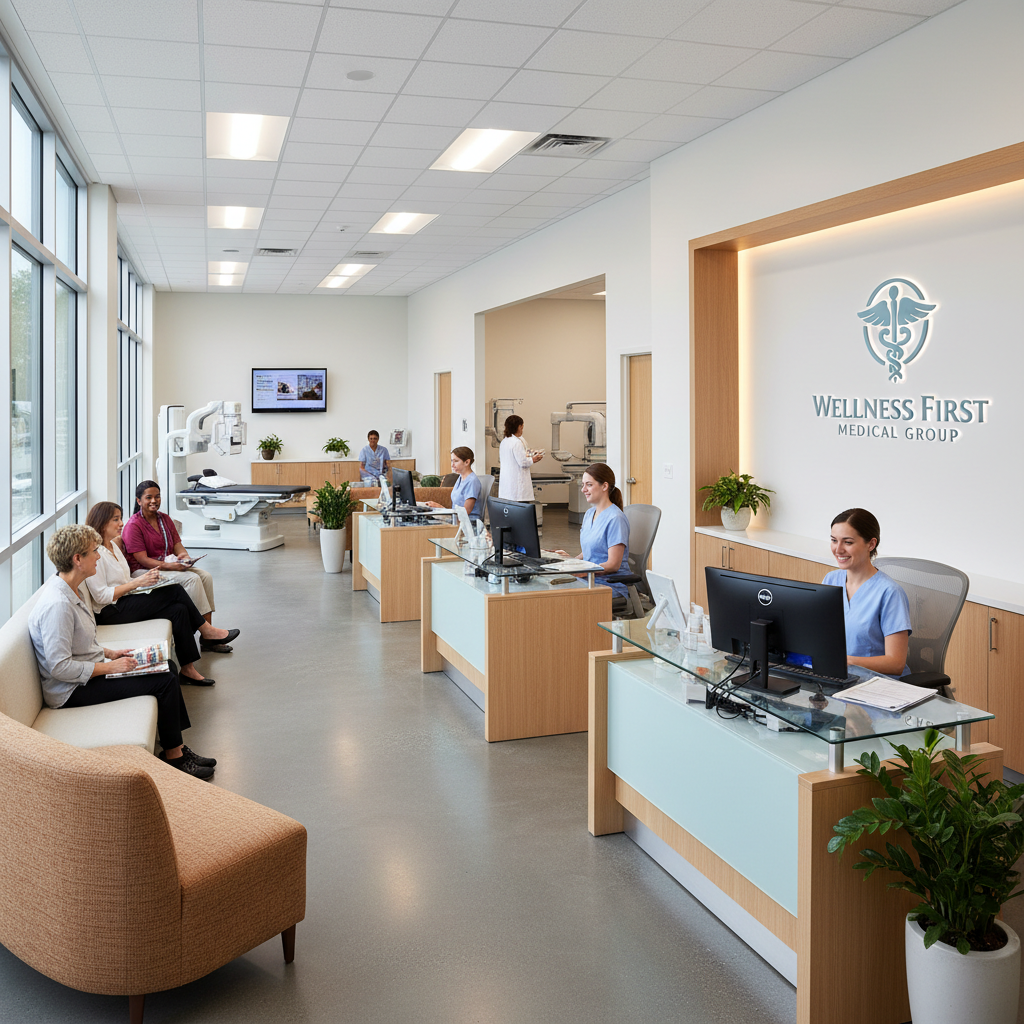 Medical office reception area with computer workstations and healthcare equipment