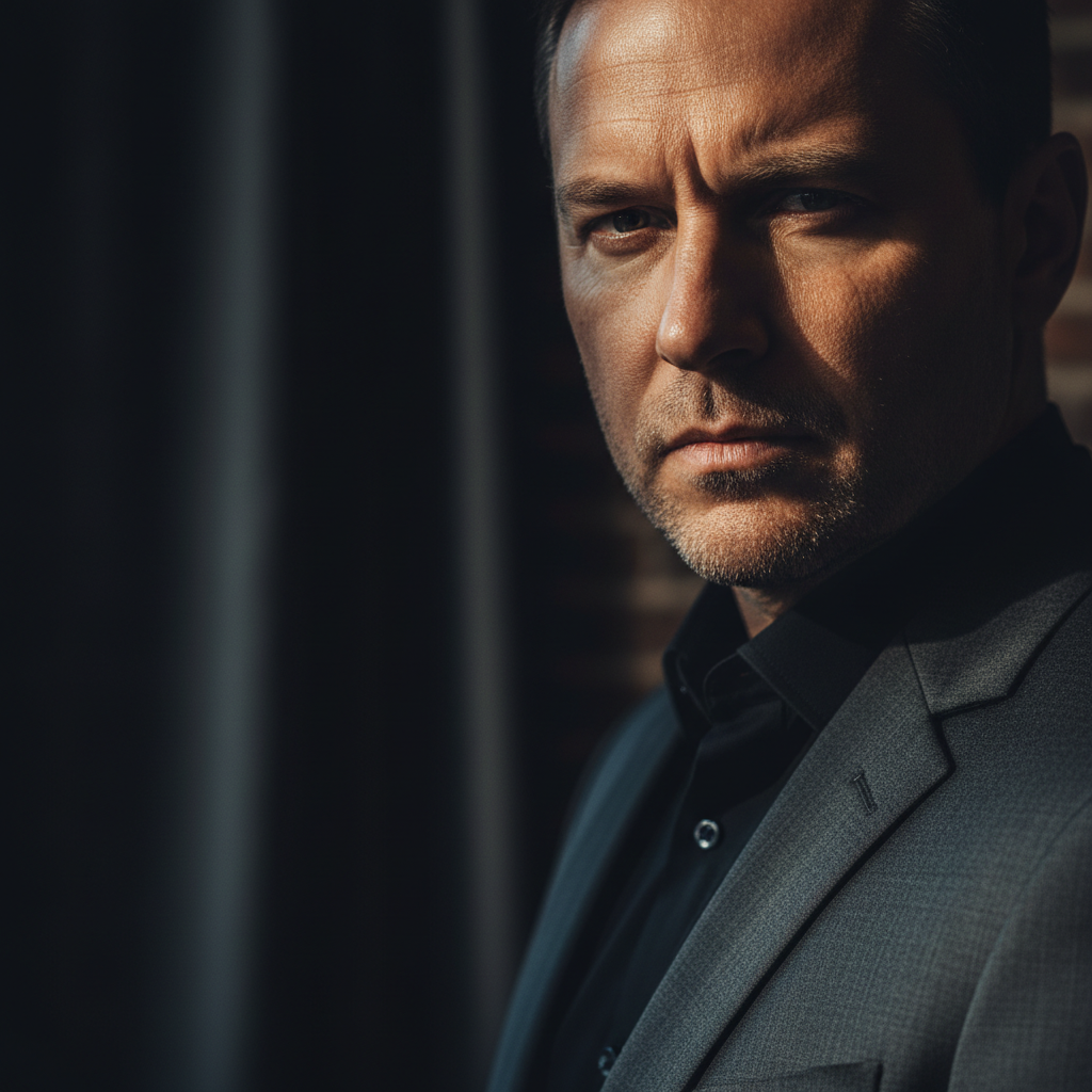 Man with sharp features in dark suit, cold calculating expression, high contrast dramatic lighting, cinematic shadows
