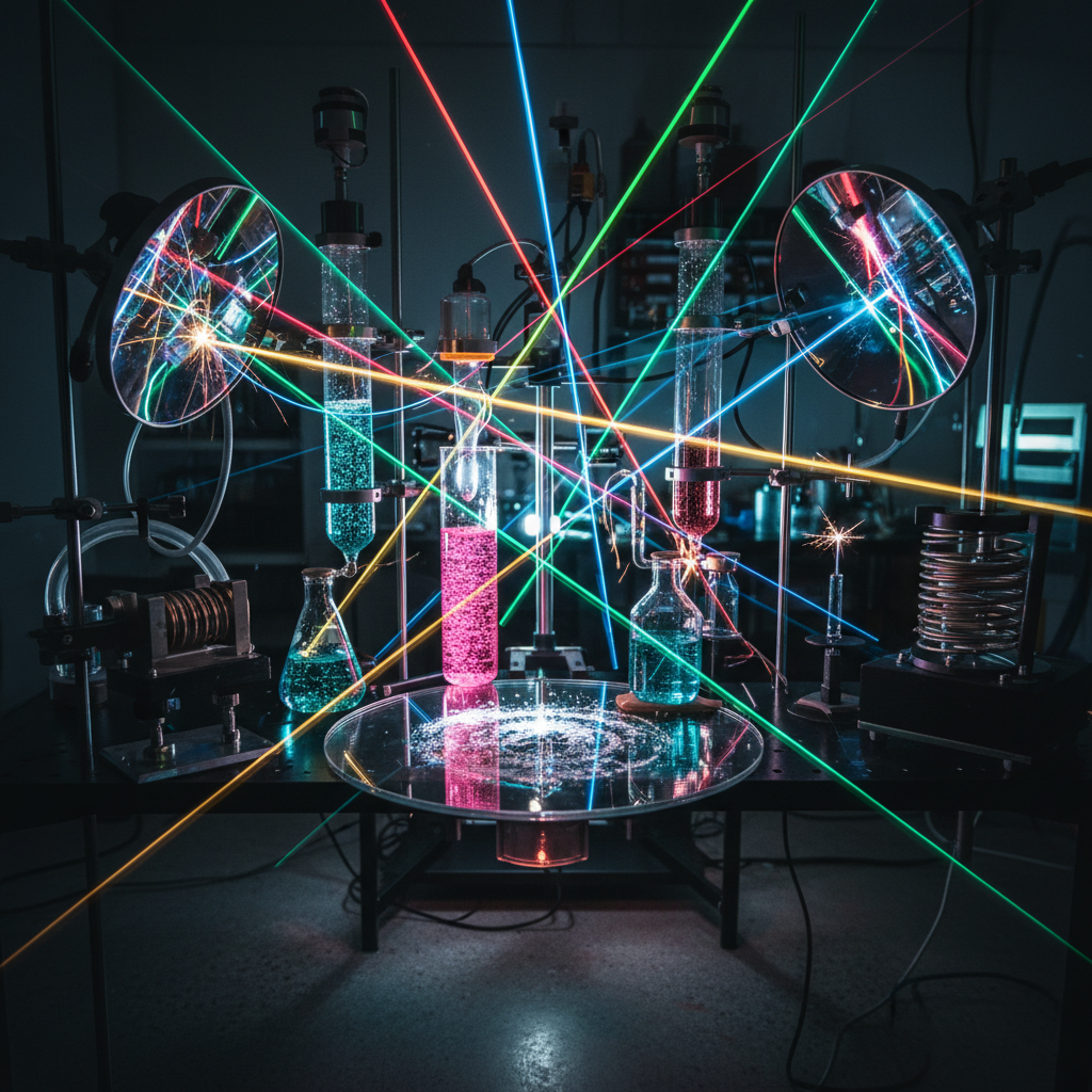 Scientific laboratory setting with laser optics equipment, precise beam of light passing through crystal clear window, dark clinical background