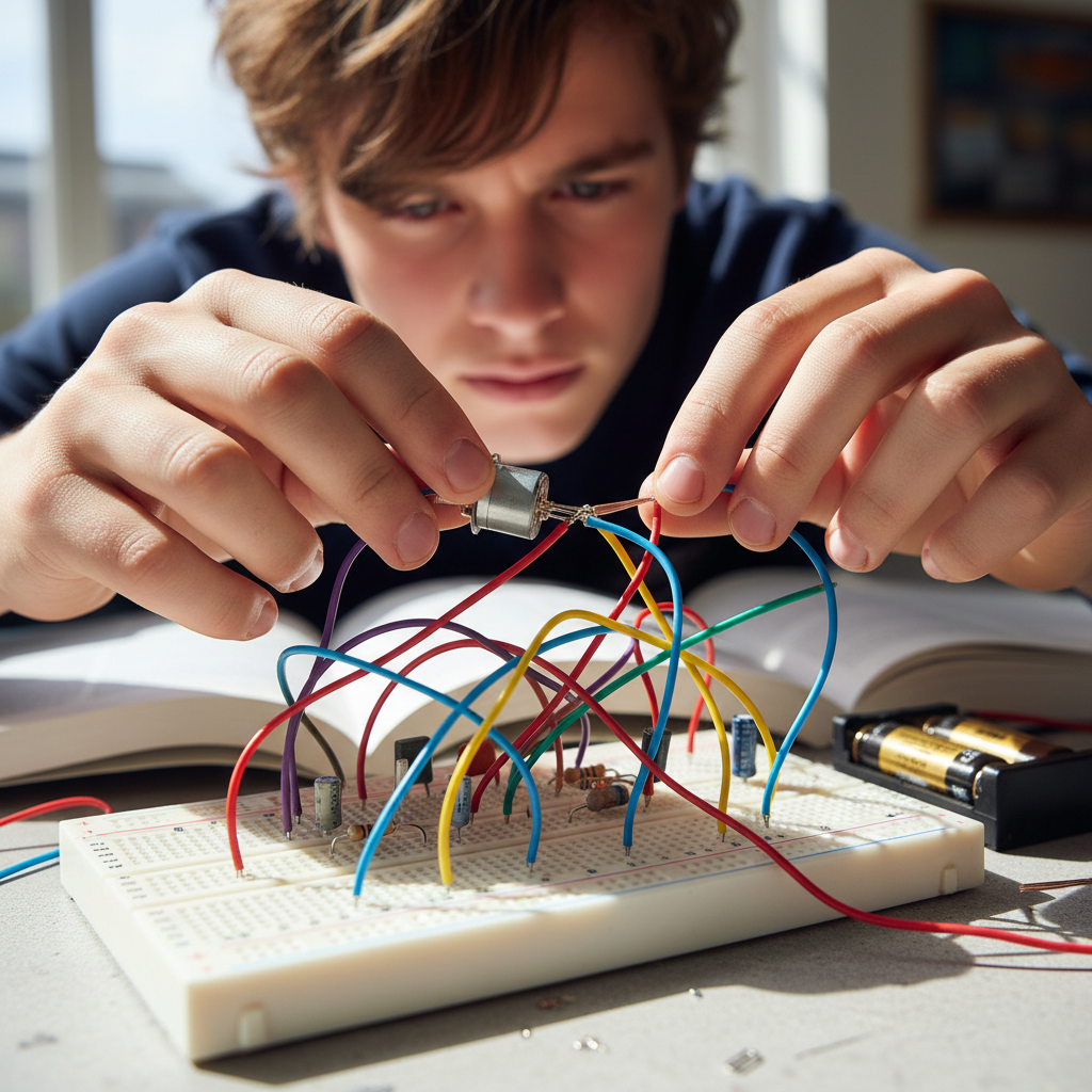 Student wiring a simple motor circuit on a breadboard with colorful jumper cables