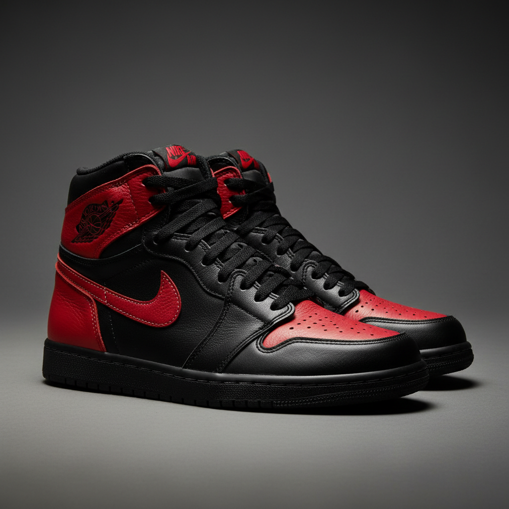 Red and black Air Jordan 1 Retro High OG with dramatic studio spotlight