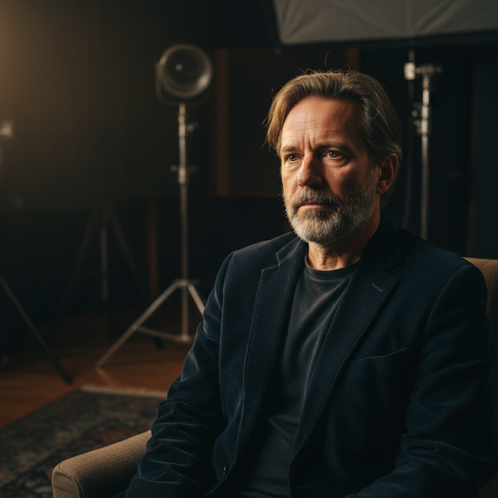 Cinematic interview setting with moody dramatic lighting, dark atmospheric background, professional studio
