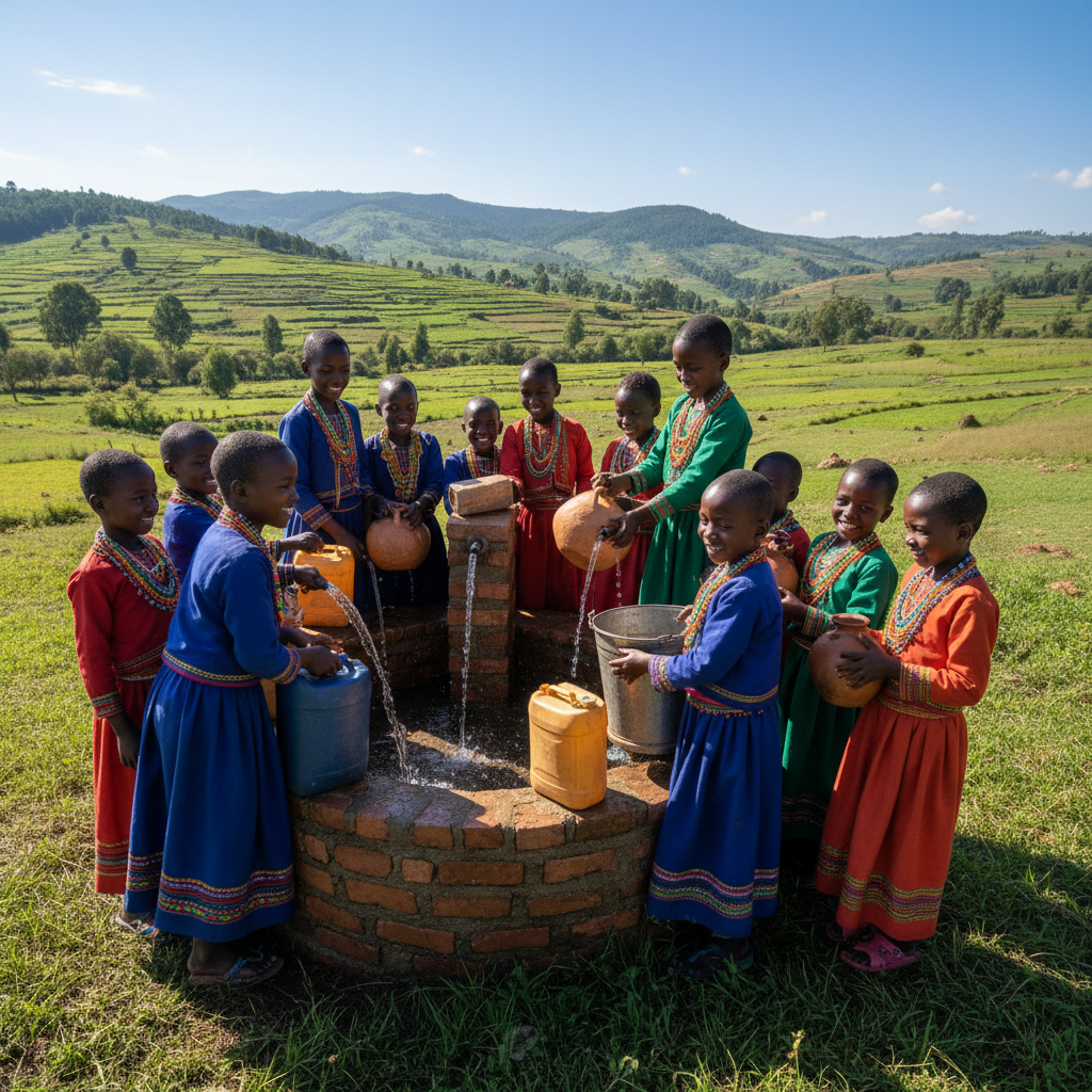 Children filling clean water from a hand pump in a rural village, green trees in background, bright midday sun