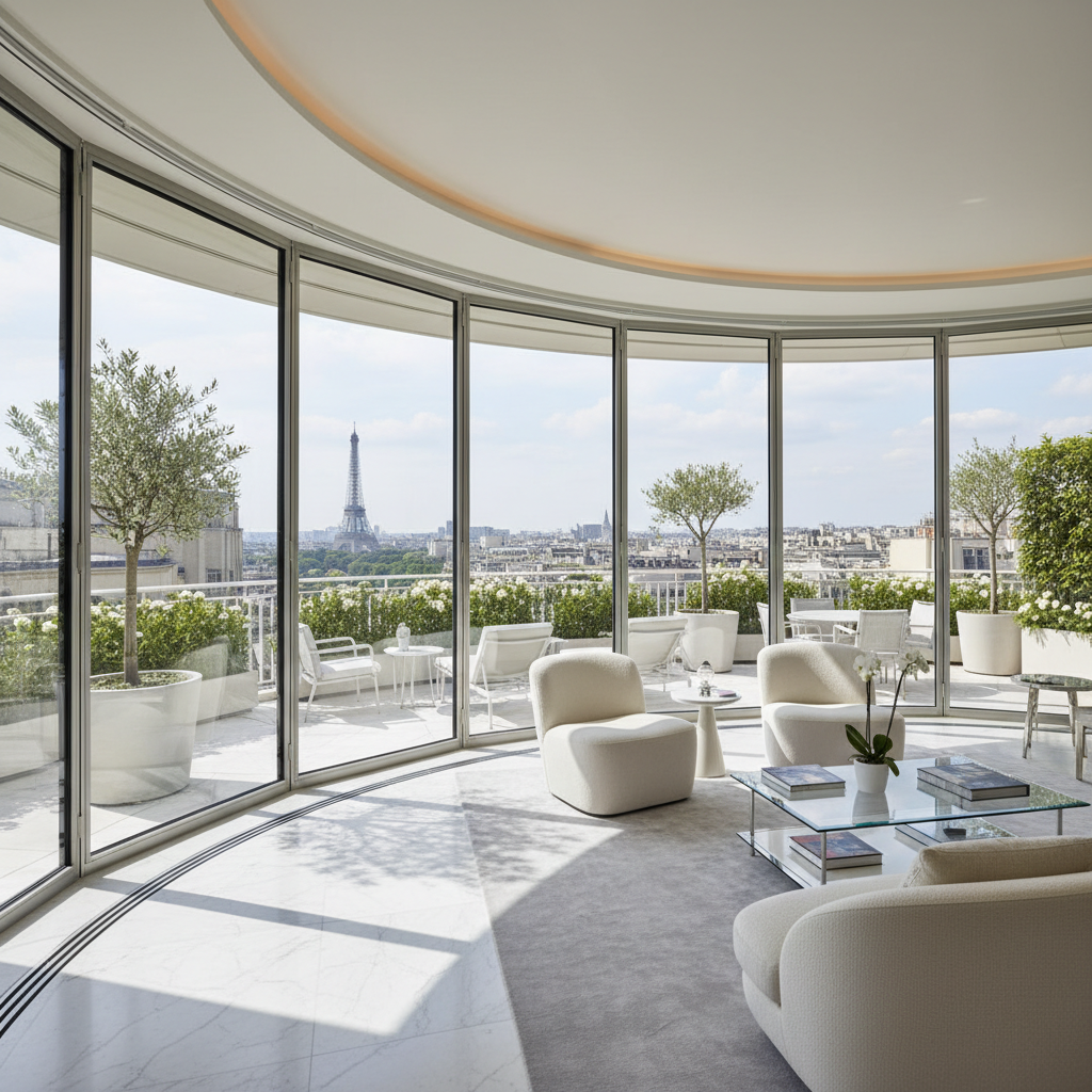Salon de penthouse parisien avec vue panoramique sur Paris, décoration intérieure luxueuse, lumière dorée du soir, ambiance raffineé