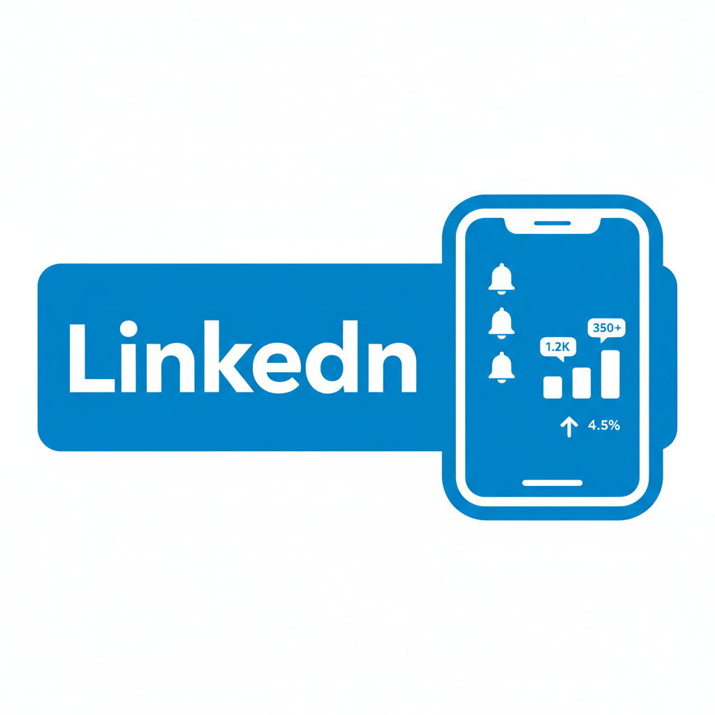 LinkedIn app on smartphone showing engagement notifications, person scrolling, warm office background