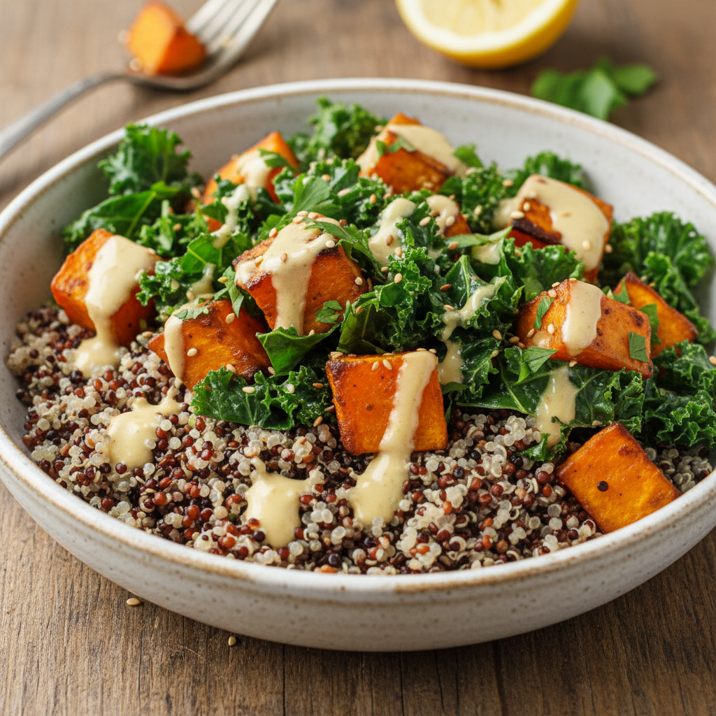 Colorful harvest bowl with roasted sweet potato, avocado and quinoa in bright natural light