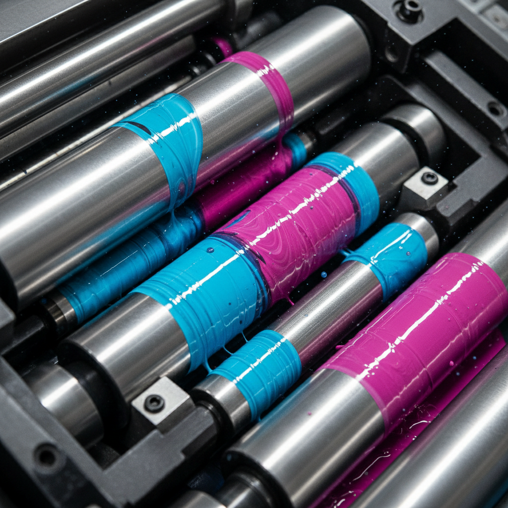 Offset printing press in operation with cyan ink rollers producing sharp prints