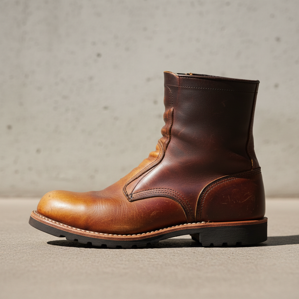Sun-faded leather boot detail, the color bleached to a warm amber at the toe cap, rich dark brown at the shaft