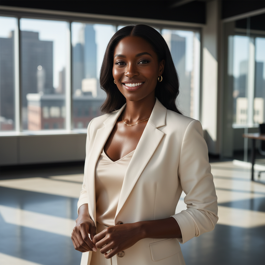 Professional Black woman in business attire speaking confidently, bright modern office, natural light, empowered expression