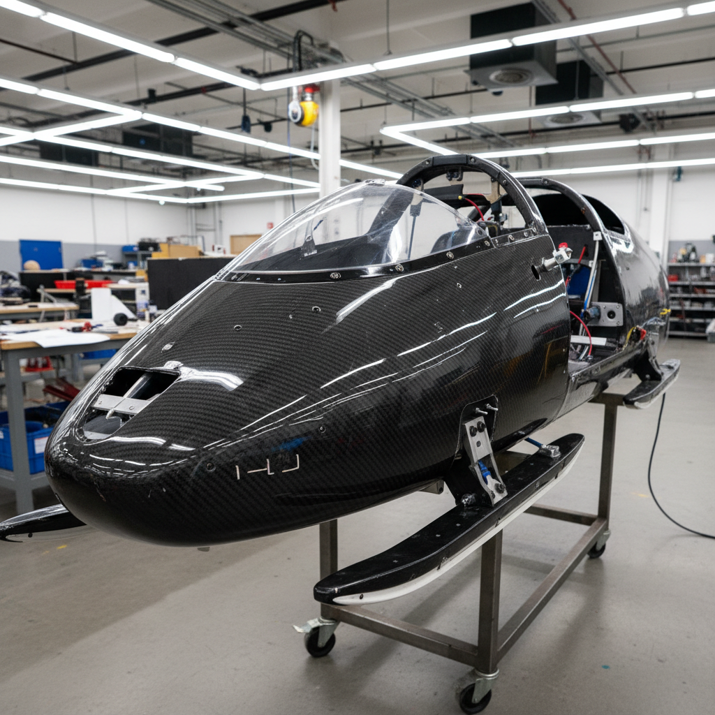 Four-man bobsled cowling assembly in workshop with overhead lighting, carbon weave visible