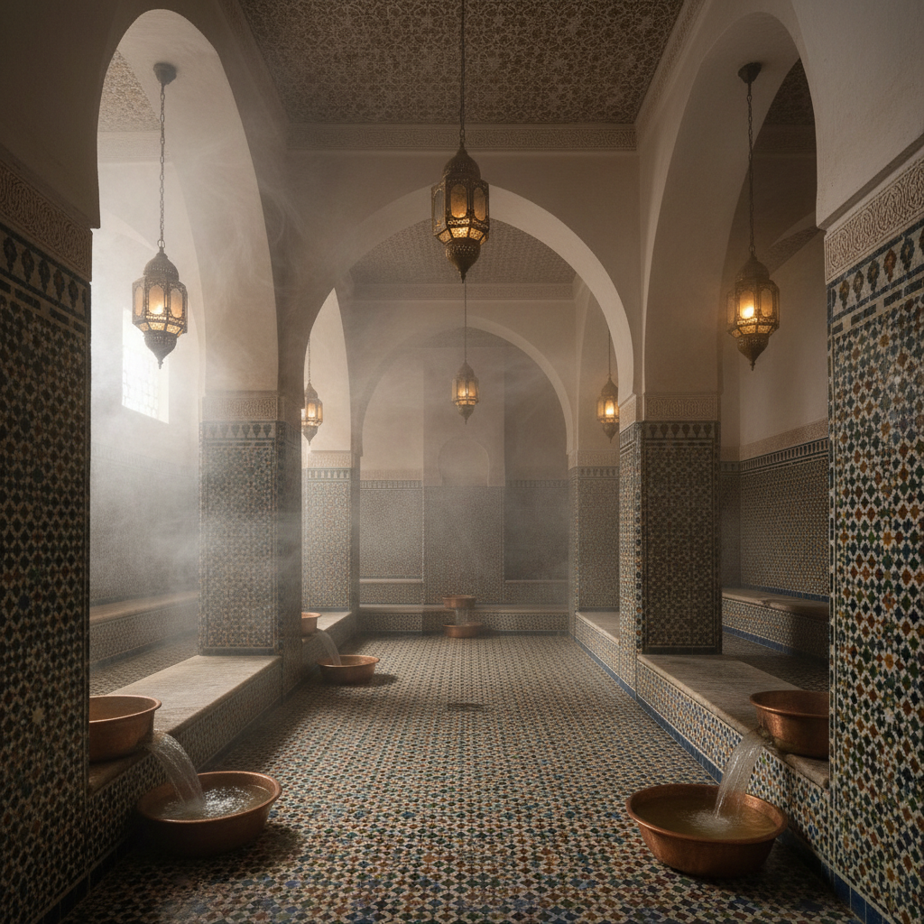 Traditional Moroccan hammam with steam and ornate tile walls