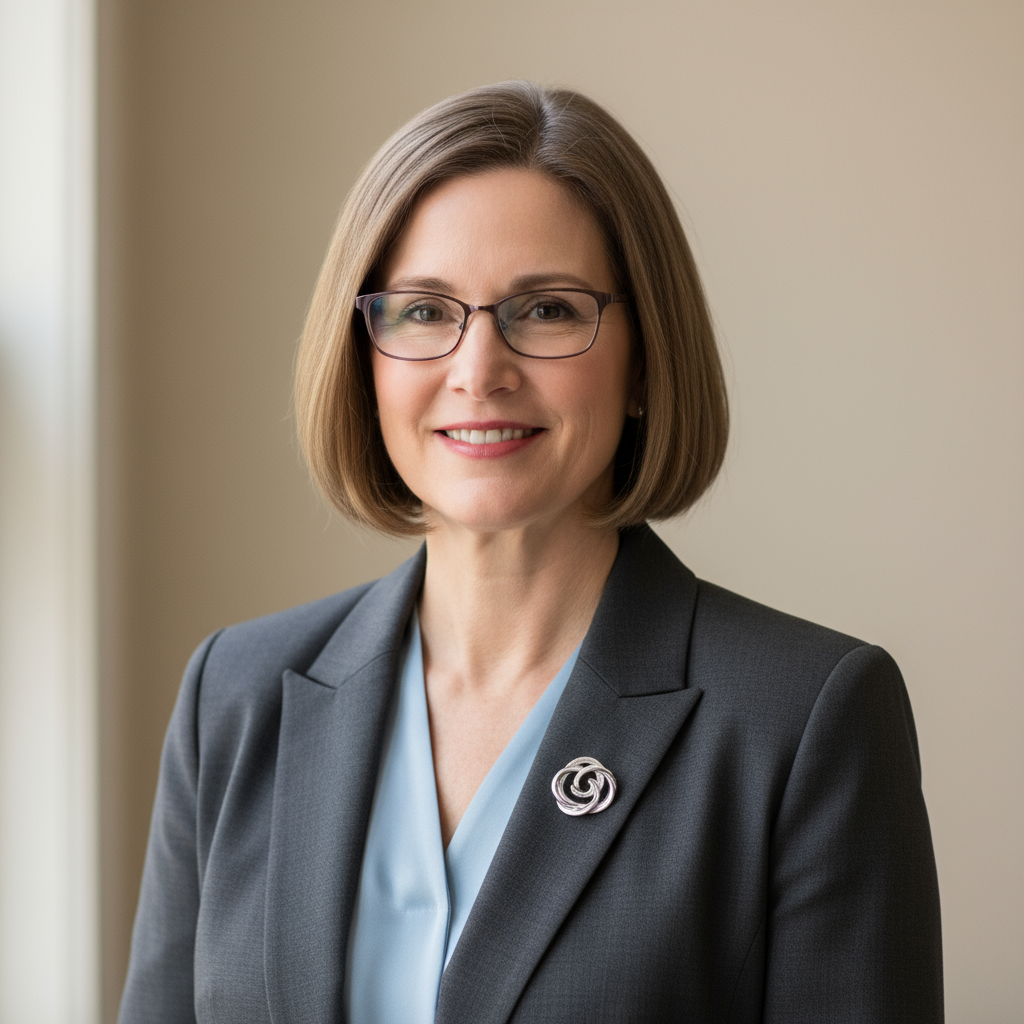 Warm professional headshot of a woman educator with kind eyes and a genuine smile, neutral studio background, natural and approachable