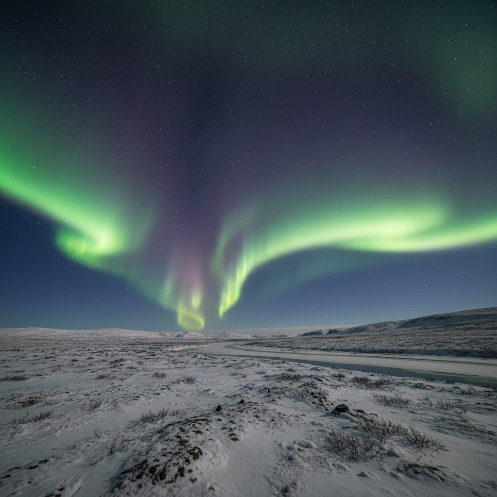 Arctic tundra of Svalbard with northern lights reflected in frozen fjord