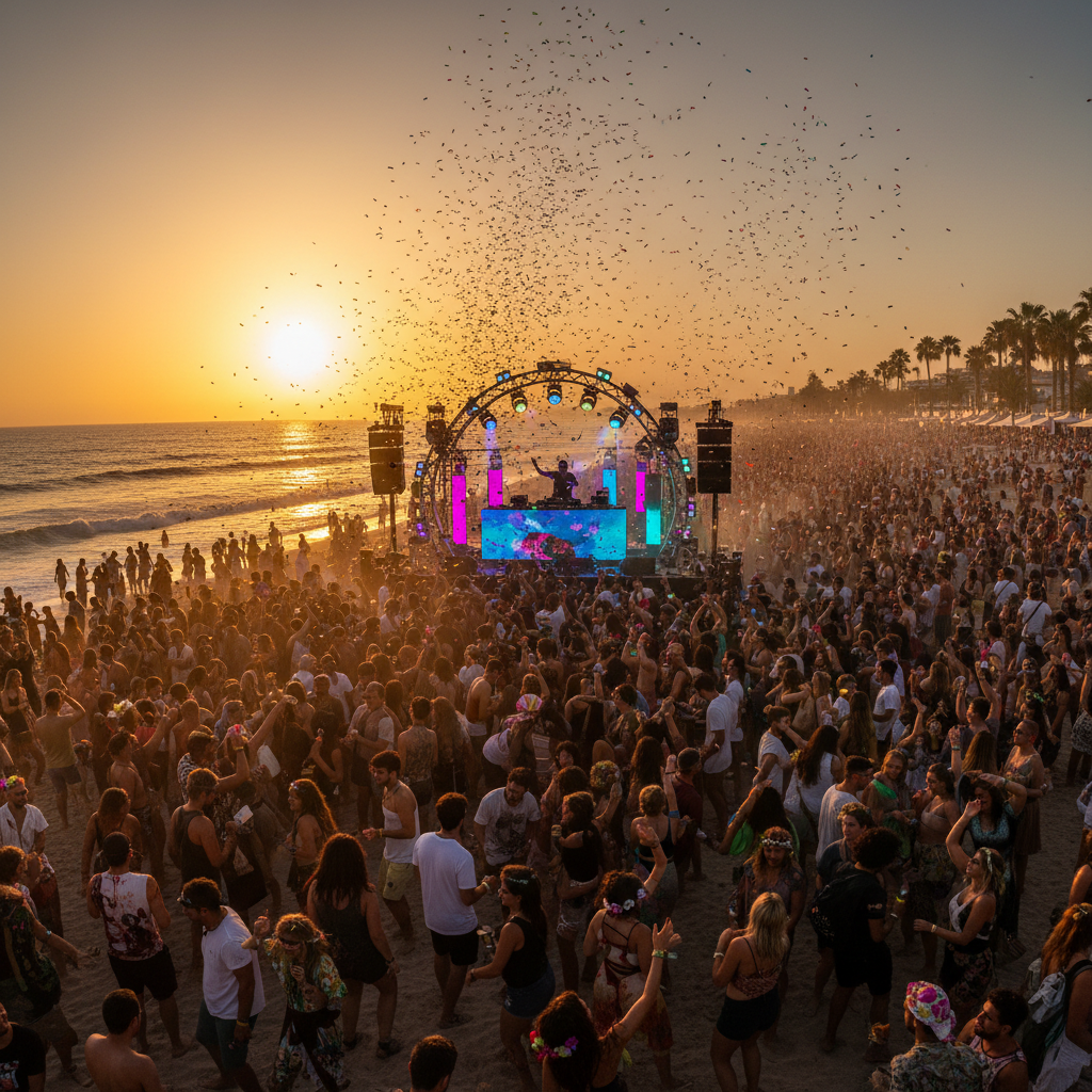 Beach music festival with large crowd enjoying live performances on an outdoor stage near the ocean at sunset