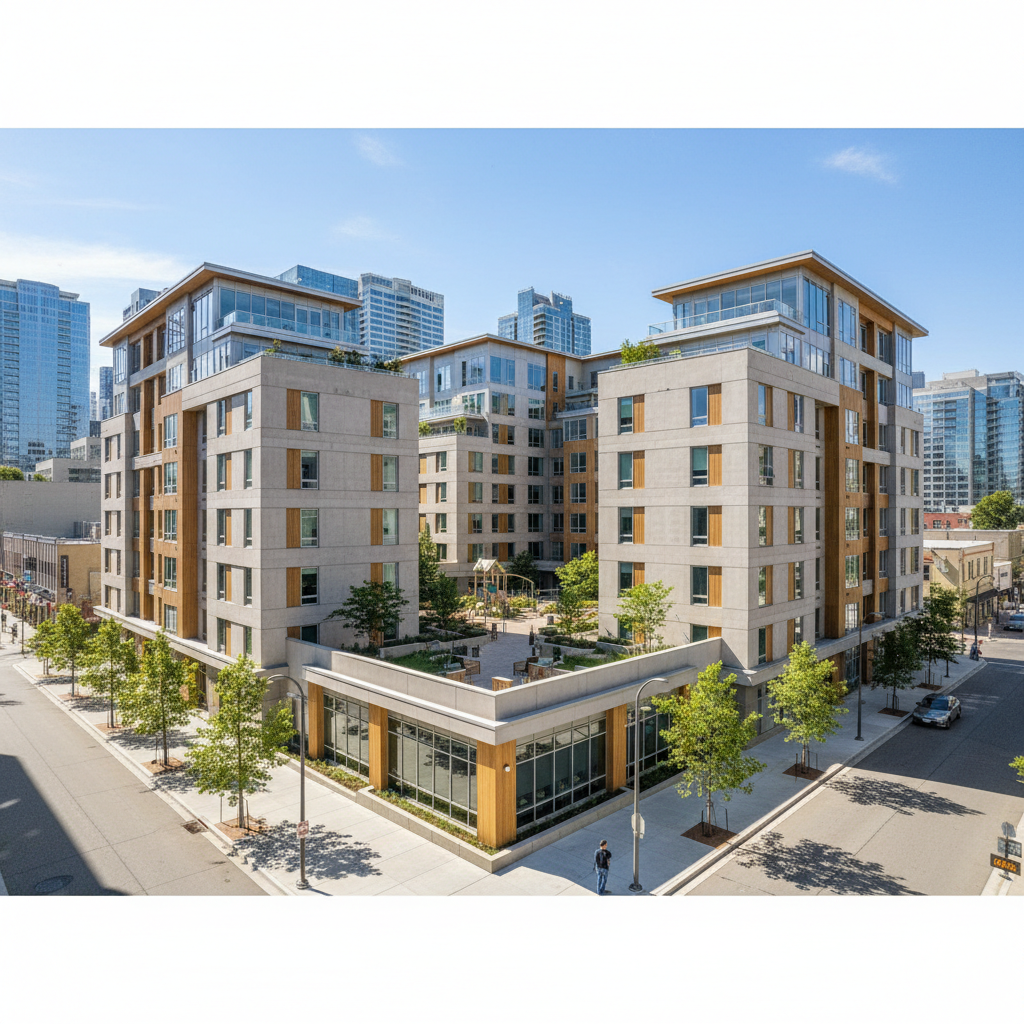 Modern apartment building exterior, bright daylight, clean architectural lines