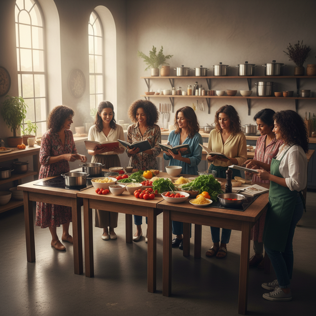 Mothers sharing recipes in community kitchen