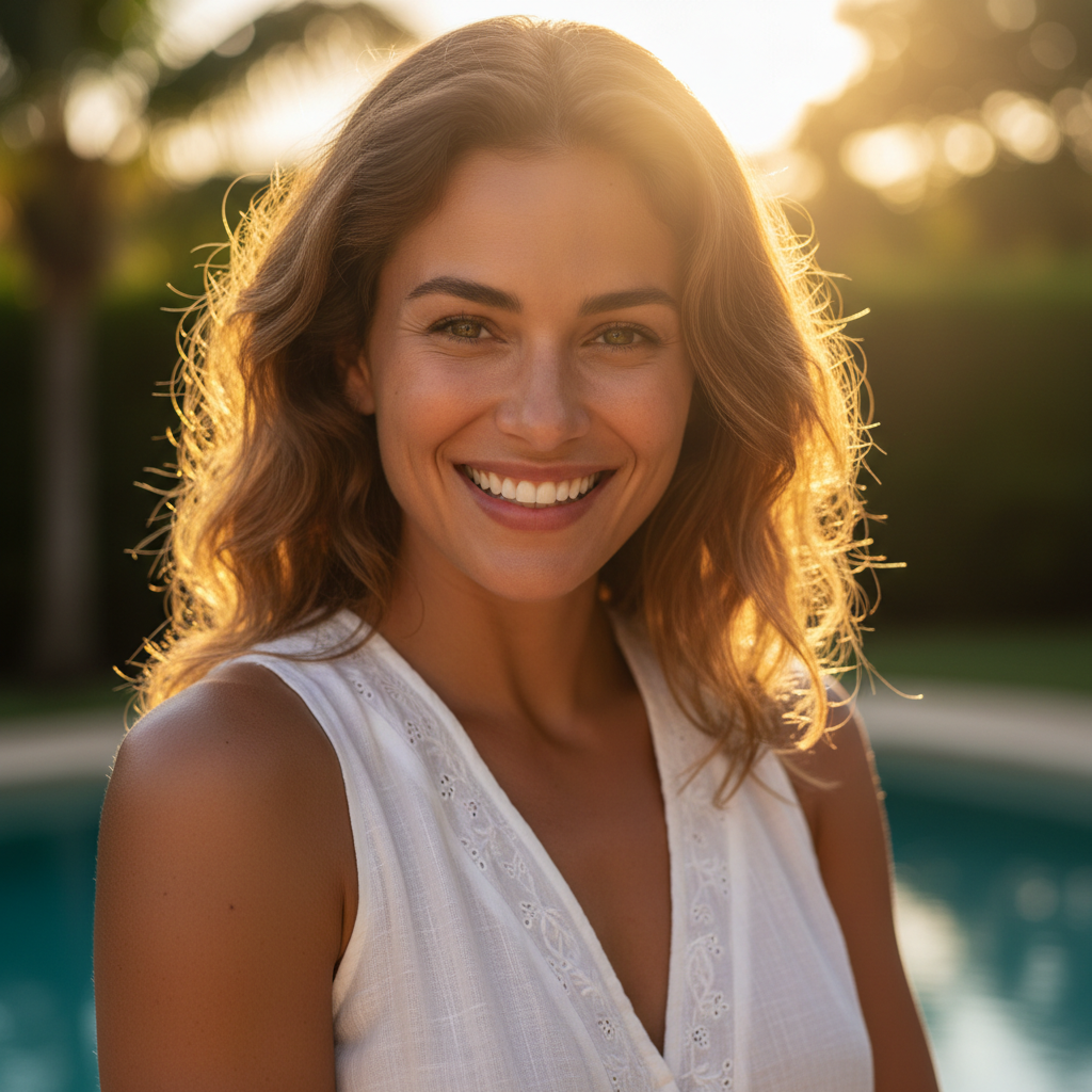 Femme souriante avec des cheveux lâchés, lumière naturelle dorée