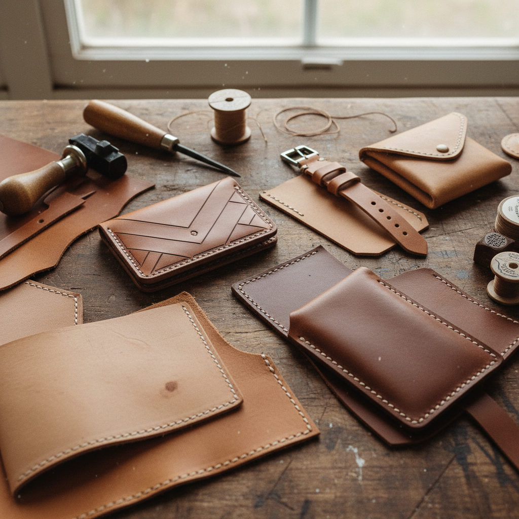 Multiple leather pieces in progress on workshop table, various stages of completion