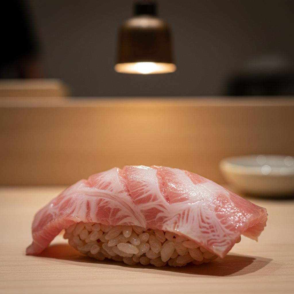 Otoro tuna slice, marbled white and pink, resting on seasoned rice under single pendant light