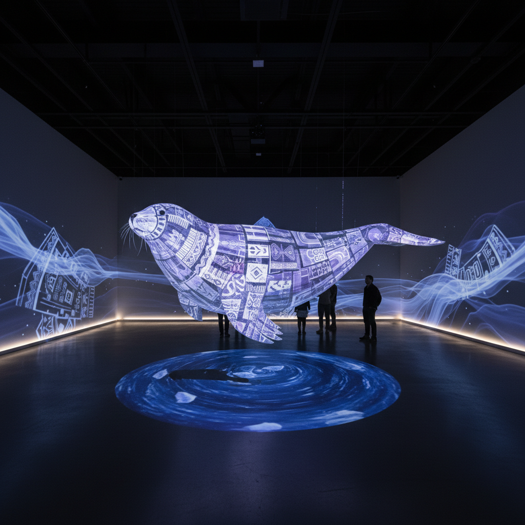 Contemporary Inuit AR installation showing translucent seal form floating in dark gallery space, projection and print combined
