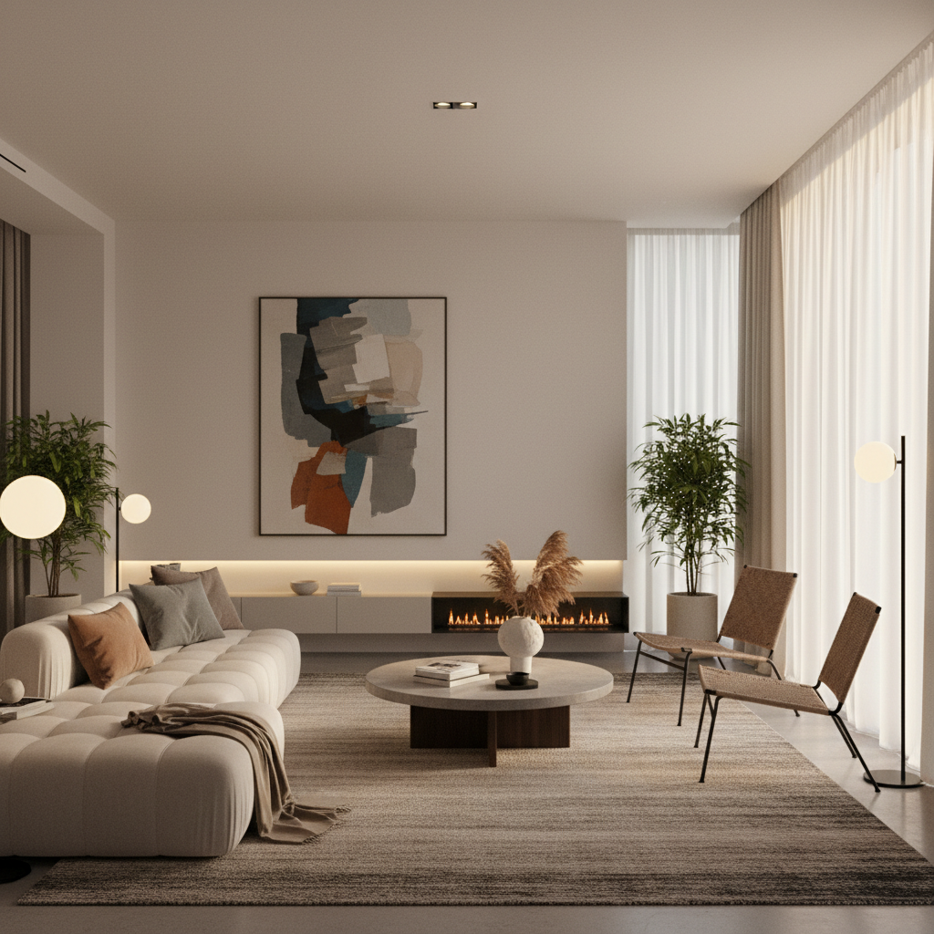 AI-staged virtual interior with furniture, artwork, and warm lighting in a modern living room