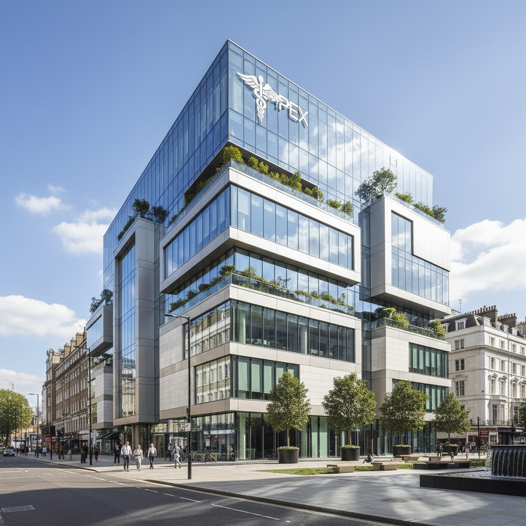 Modern Apex Health Consulting London office building in financial district with contemporary architecture
