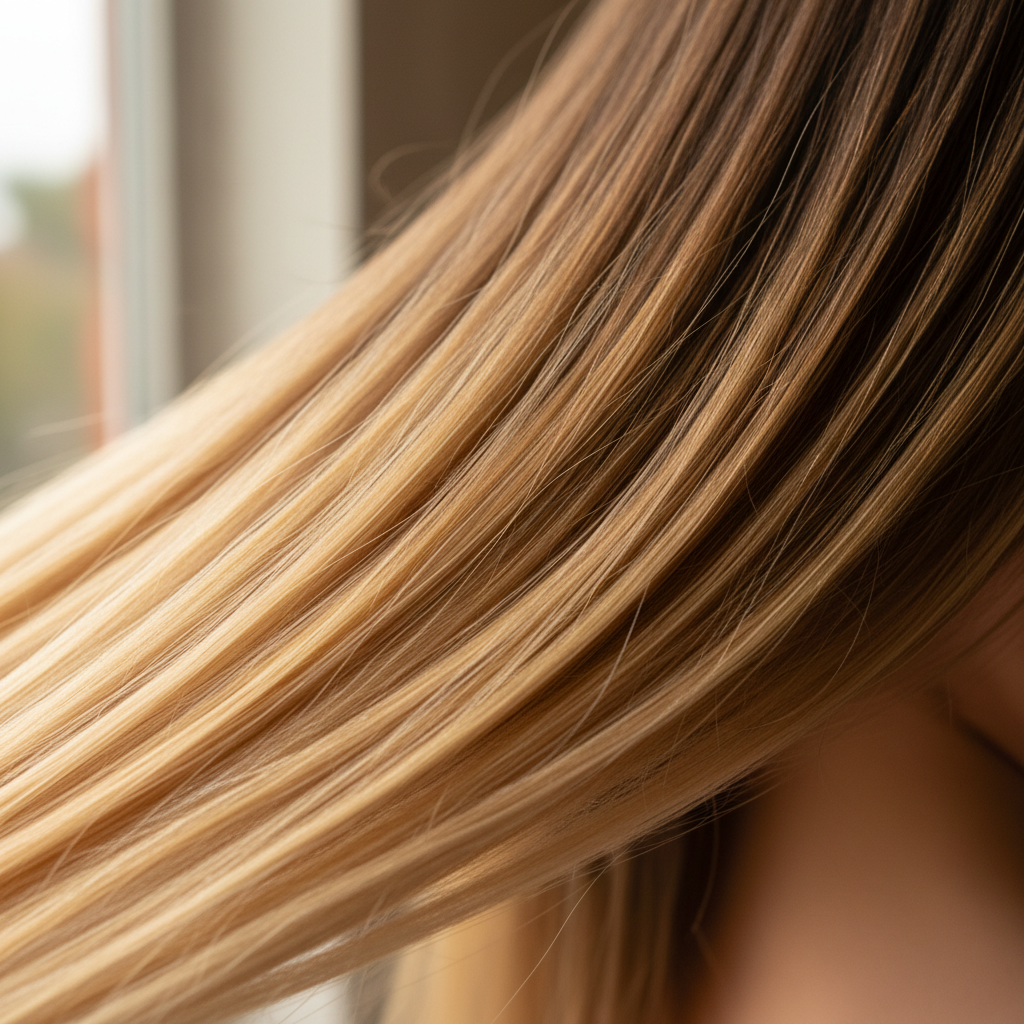 Seamless color melt showing warm brunette roots transitioning to caramel blonde ends